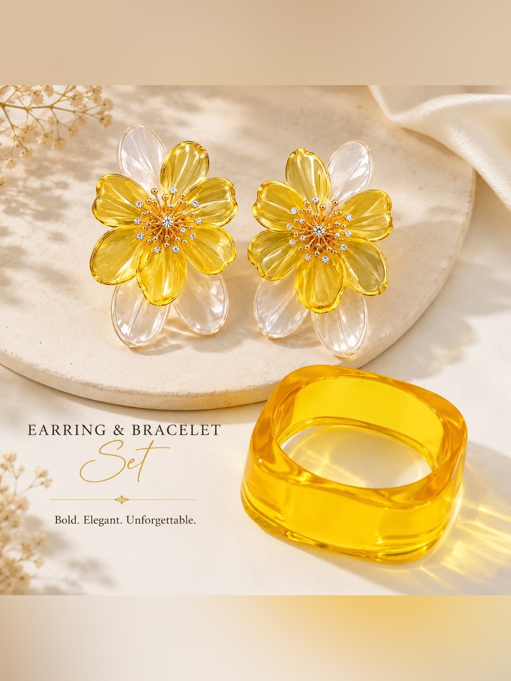 Yellow Flower Crystal Statement Earrings and bracelet set- Women Jewelry